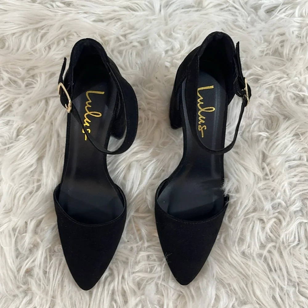 LULUS Ellarose Black Suede Ankle Strap Chunky Heels Size 5 NEW - Picture 4 of 15